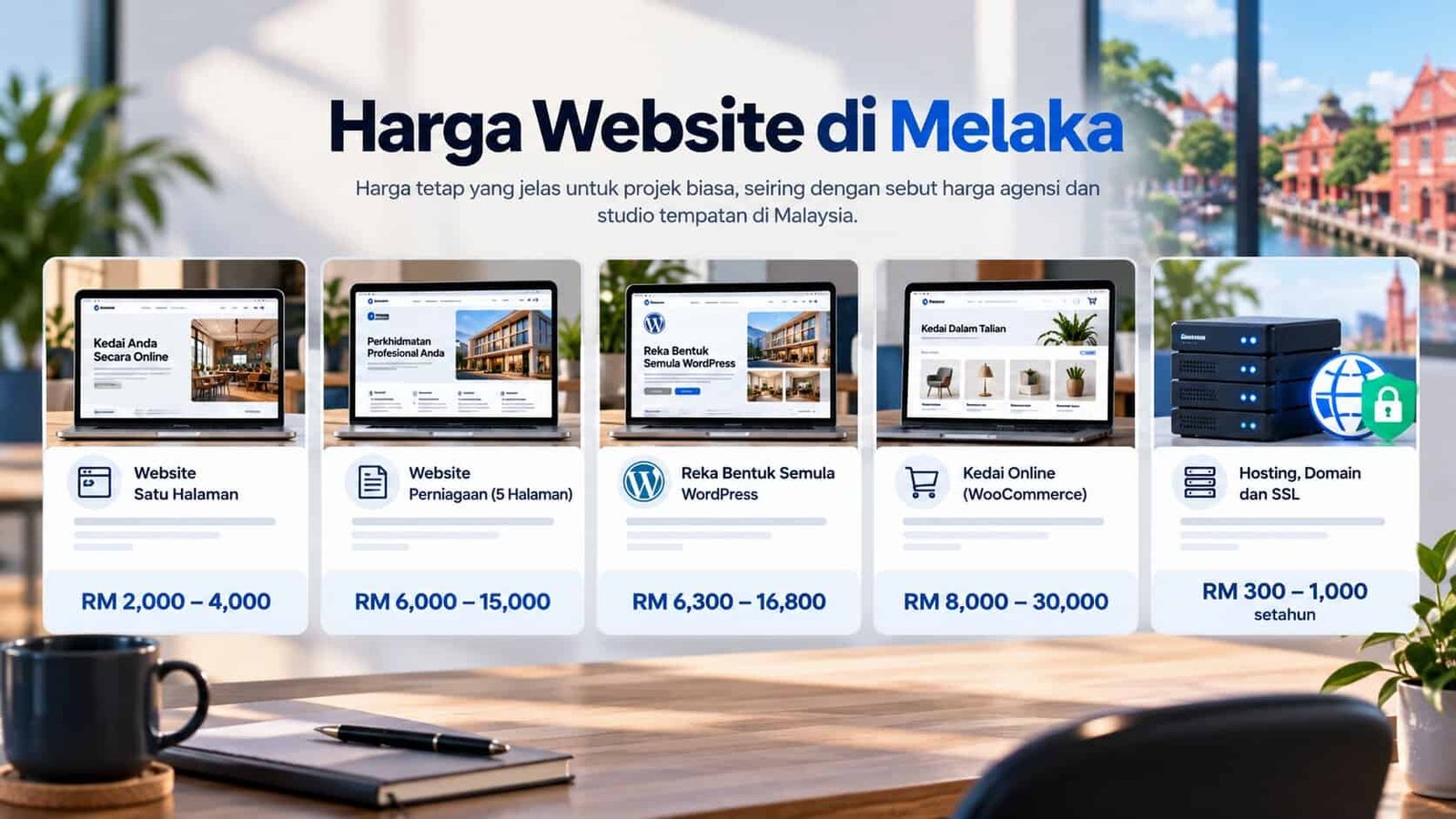 Harga biasa laman web di Melaka dan Malaysia: laman web satu halaman RM 2,000 – 4,000, laman web perniagaan lima halaman RM 6,000 – 15,000, reka semula WordPress RM 6,300 – 16,800, kedai online RM 8,000 – 30,000, hosting, domain dan SSL RM 300 – 1,000 setahun